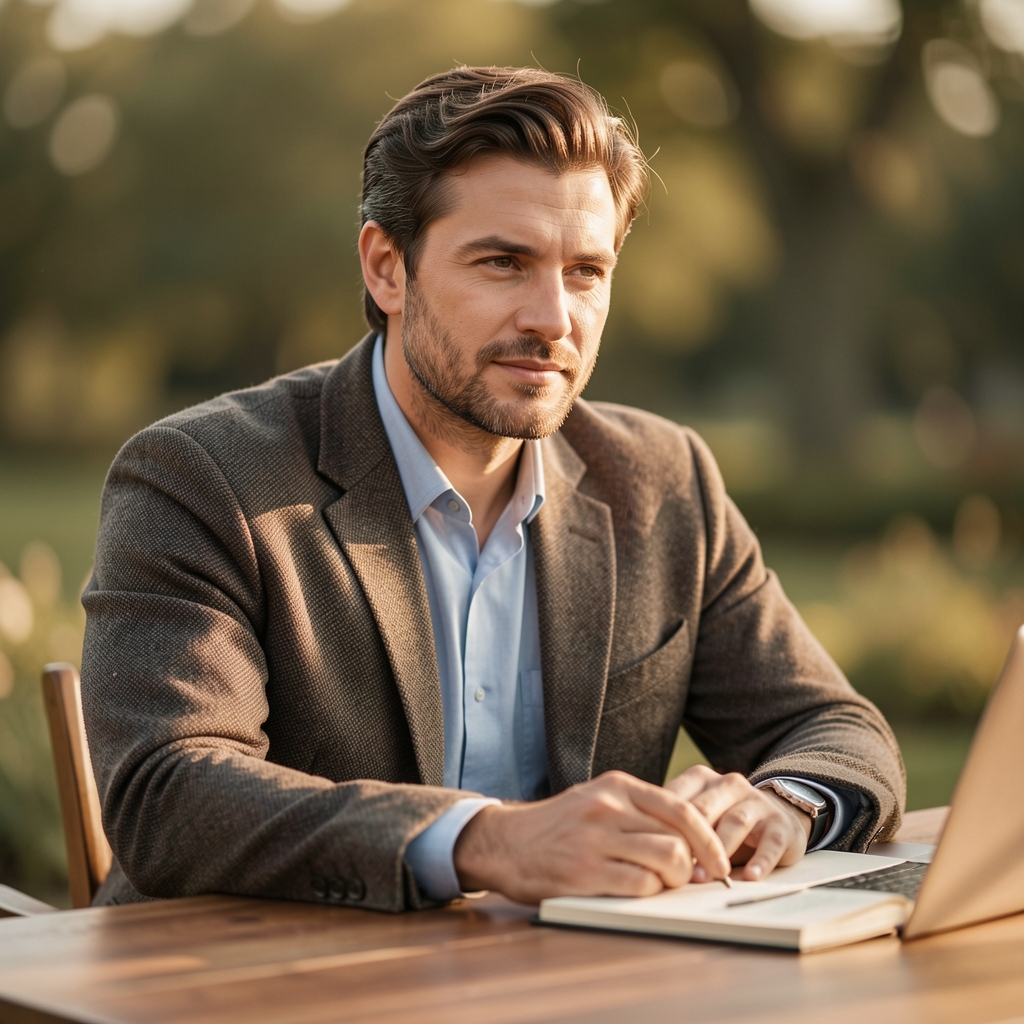 Male editorial portrait, warm natural light, thoughtful expression, editorial setting