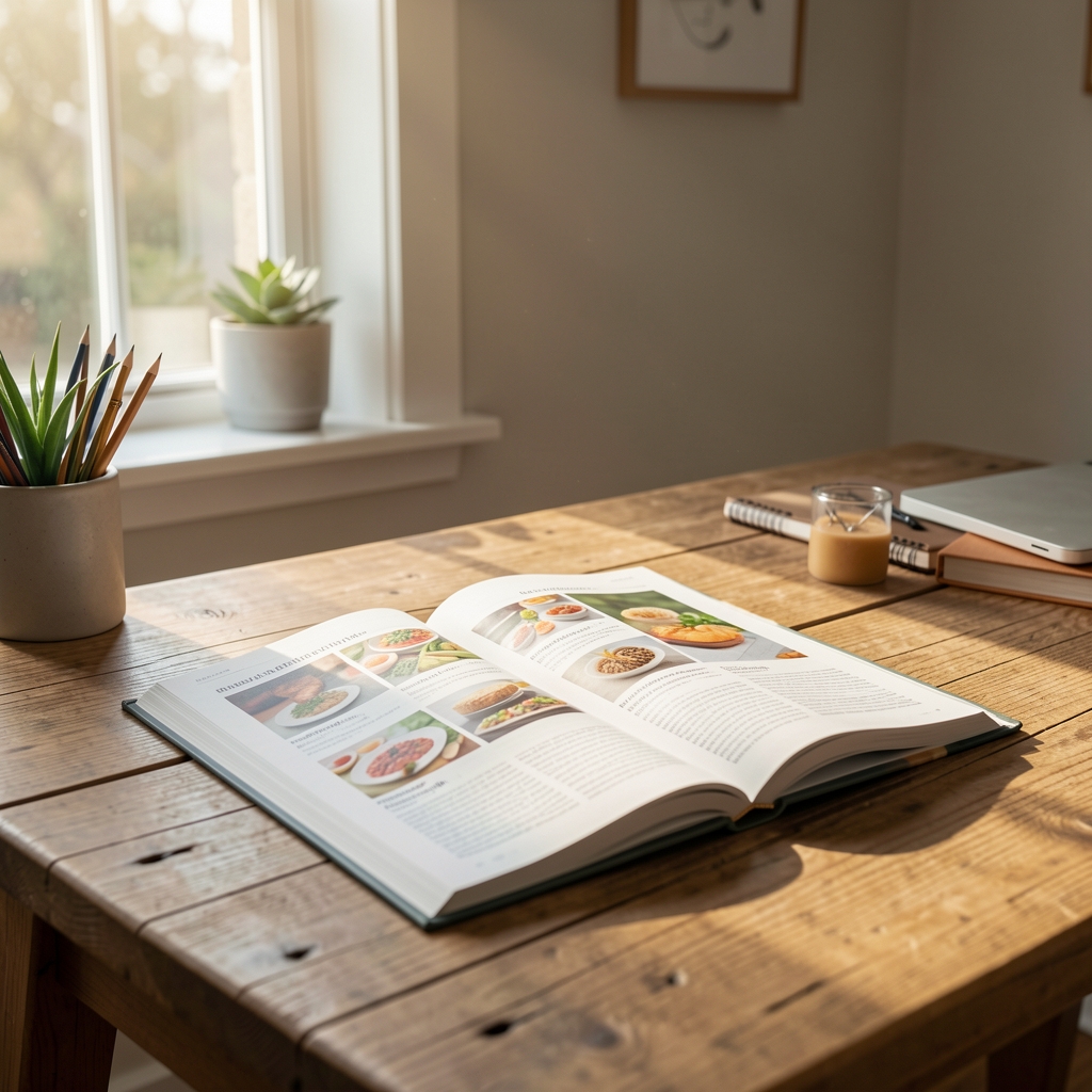 Editorial workspace with open nutrition journal on wooden desk, morning light streaming through window