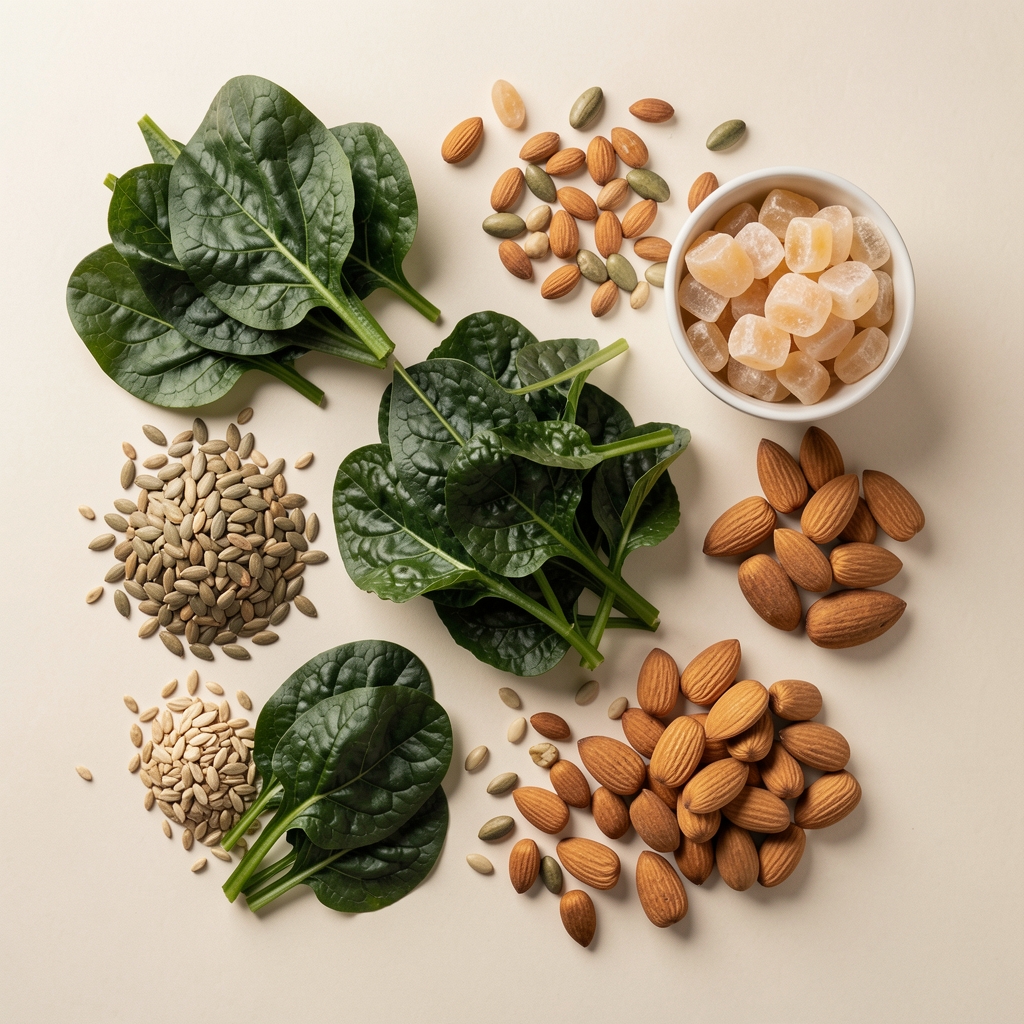 Magnesium-rich whole foods including dark leafy greens, seeds and nuts arranged on pale editorial surface, overhead composition