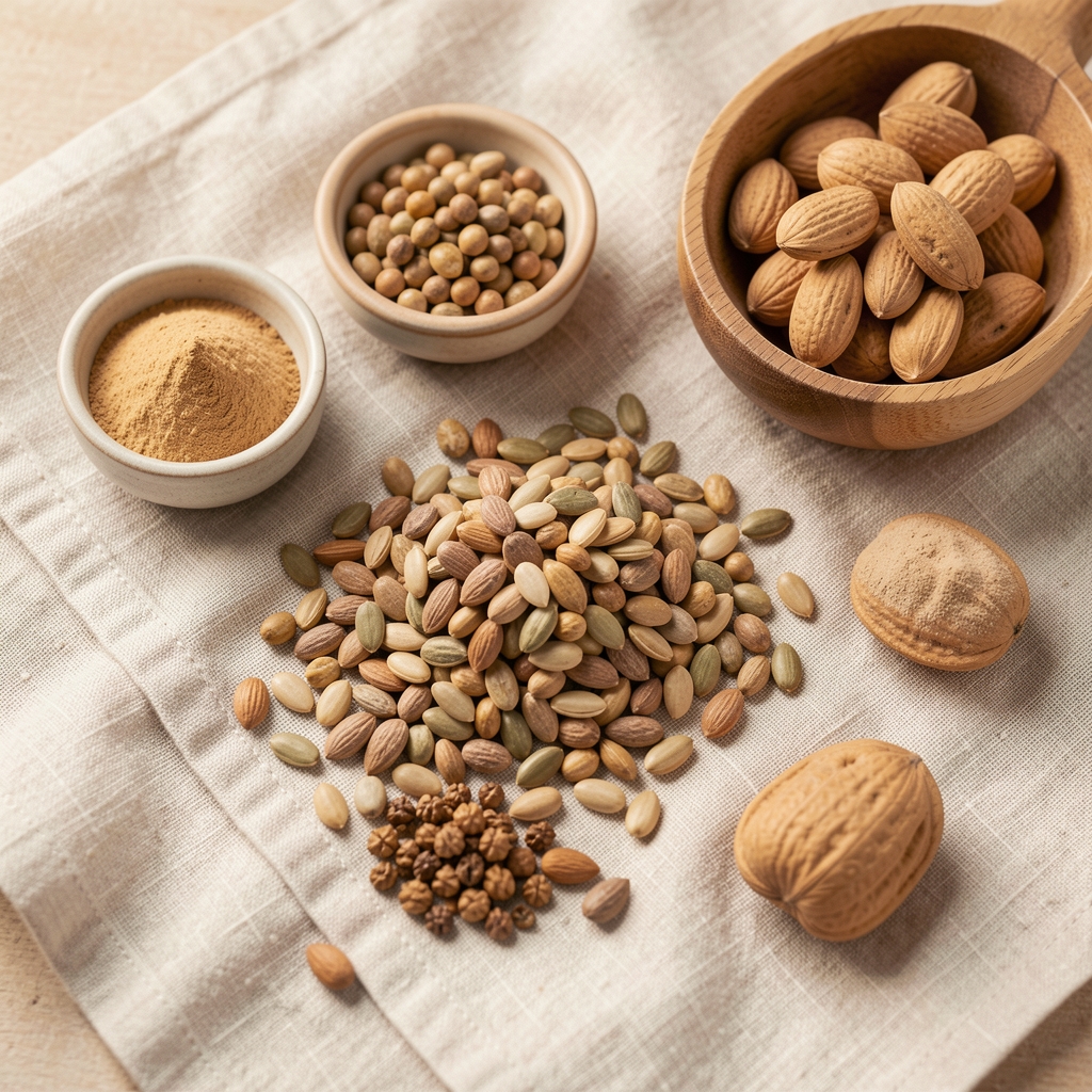Zinc-rich seeds and whole foods arranged on pale linen cloth in warm editorial flat lay