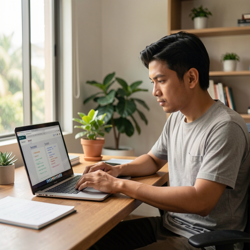 Man at laptop reviewing nutrition notes in editorial natural morning light, Jakarta home office setting