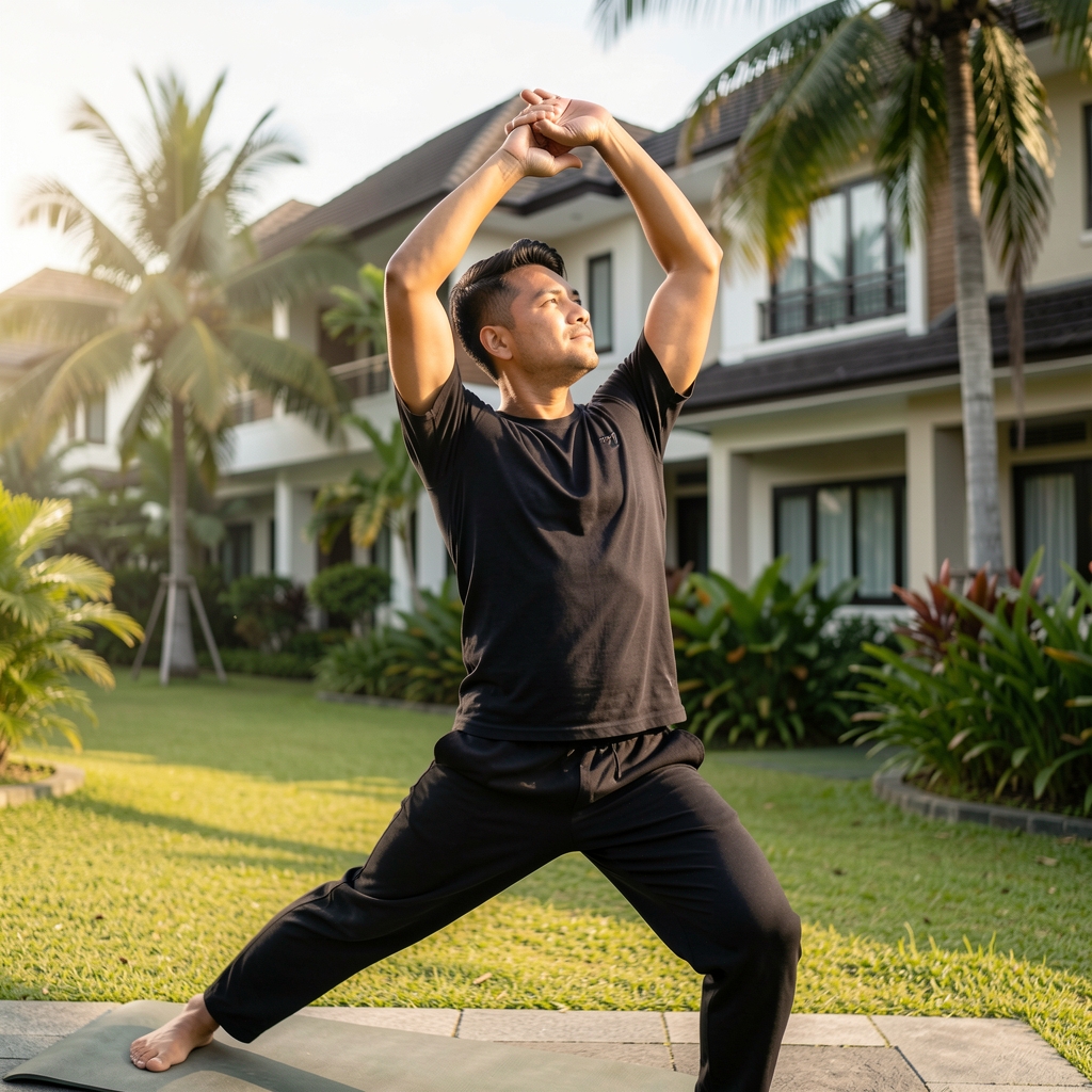 Active man stretching outdoors in morning daylight, Jakarta residential backdrop, editorial composition