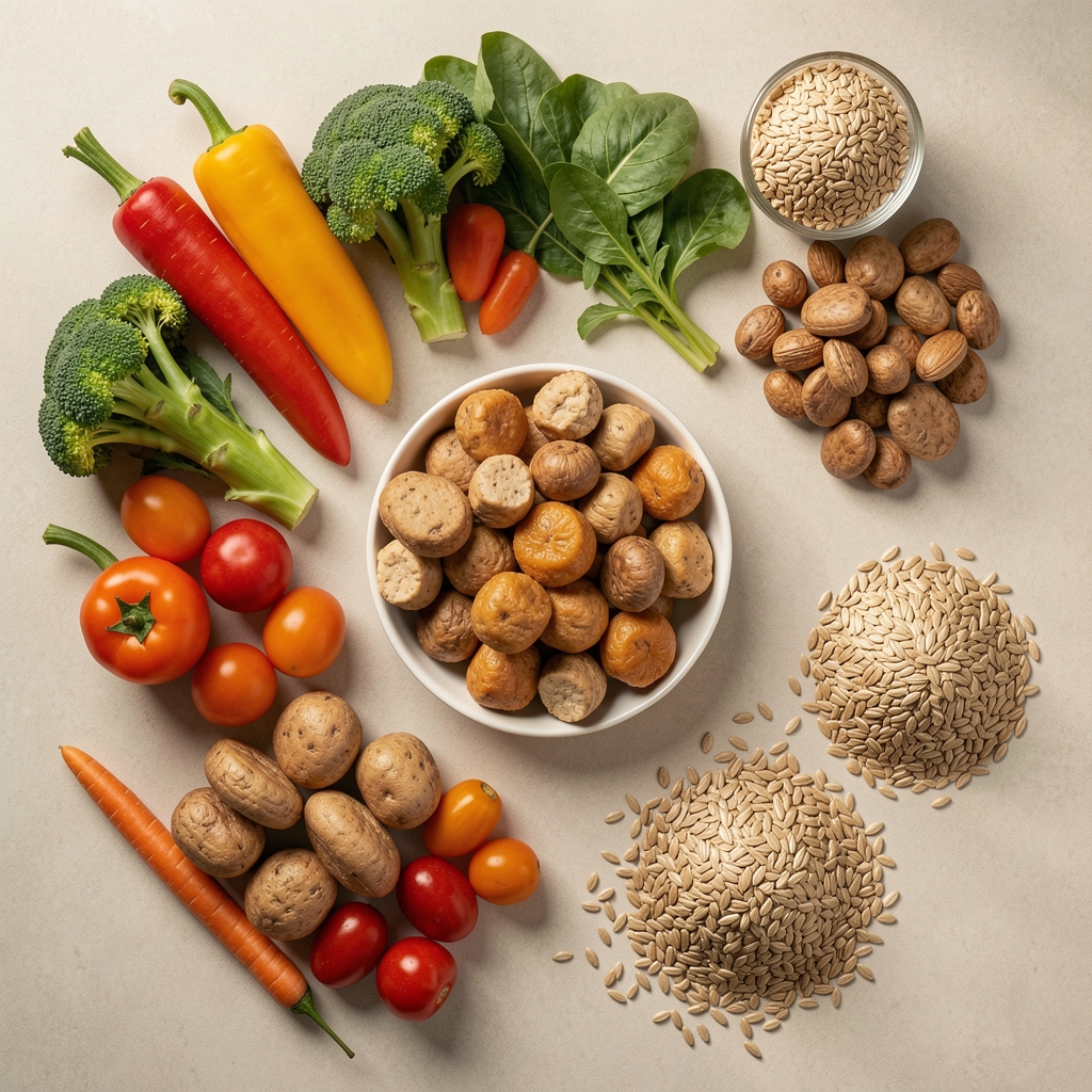 Colourful vegetables, protein foods and whole grains on neutral editorial surface, overhead composition, morning light