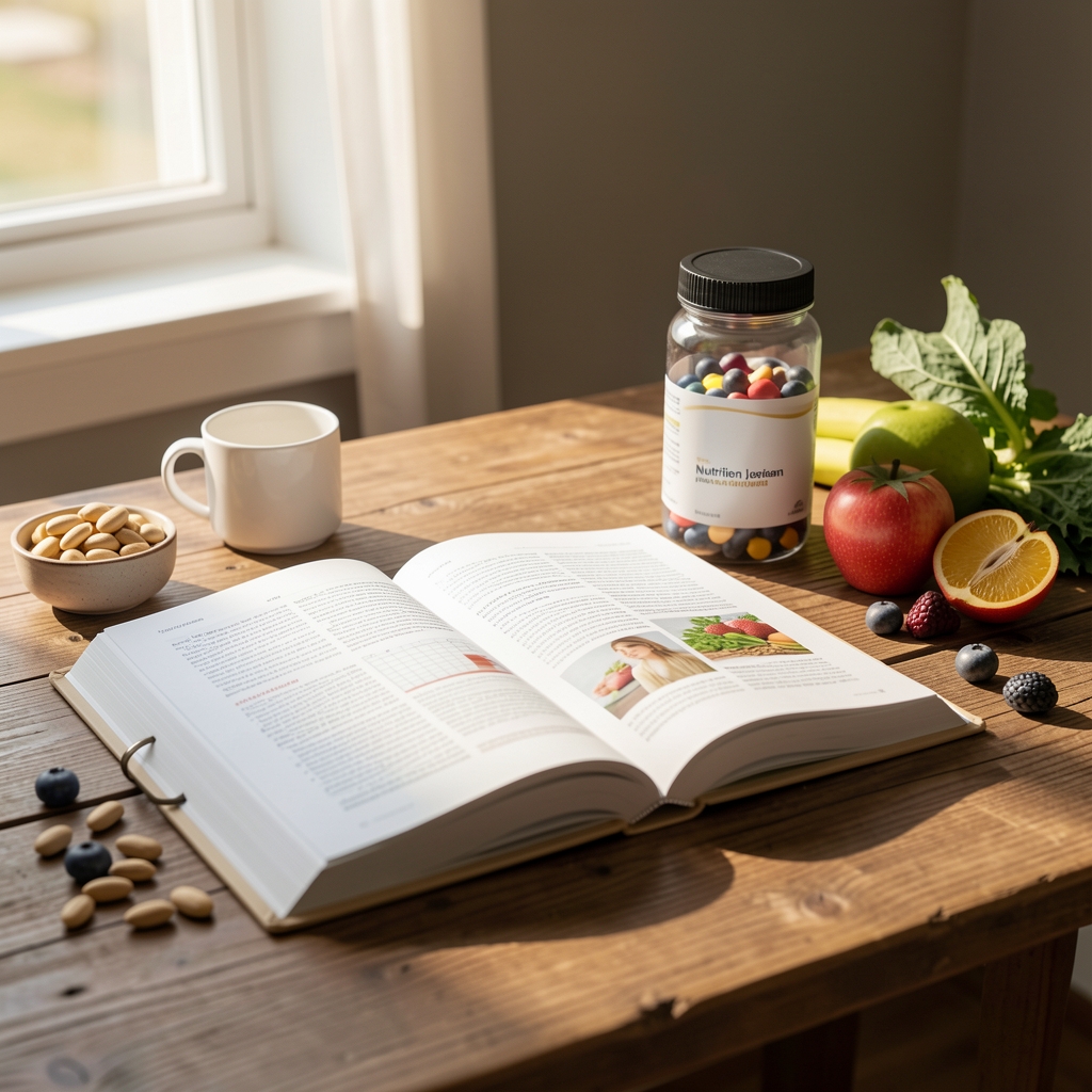 Open nutrition journal on wooden desk with morning light, supplement container and whole foods editorial still life