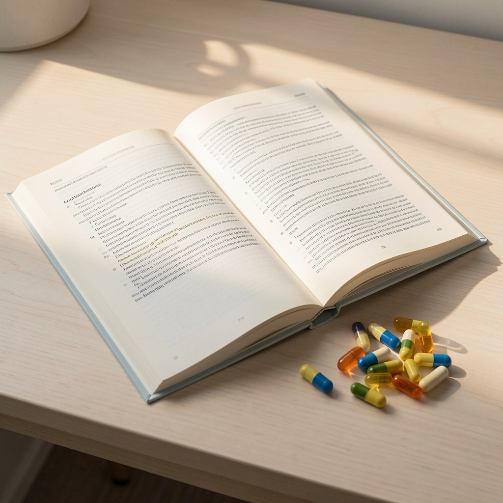 Open nutrition journal on pale wooden desk with morning light, editorial composition, supplement capsules arranged nearby